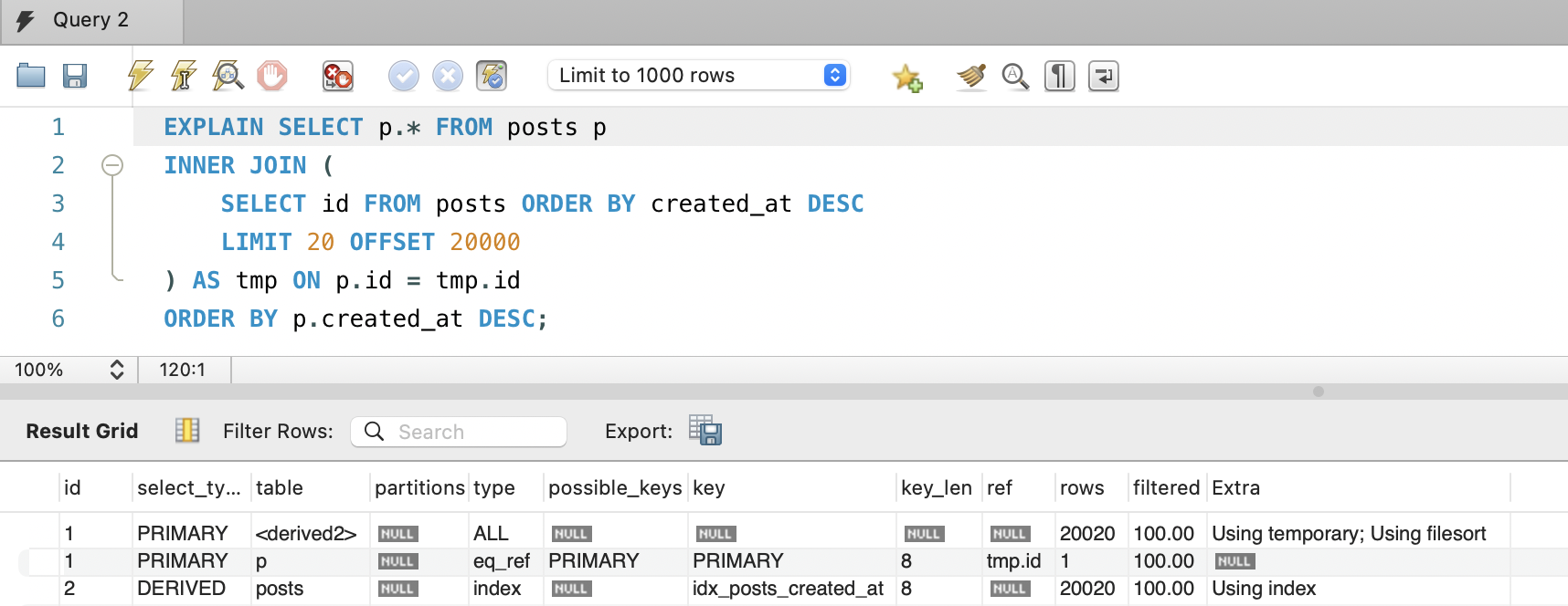 EXPLAIN 결과 — Deferred Join 쿼리