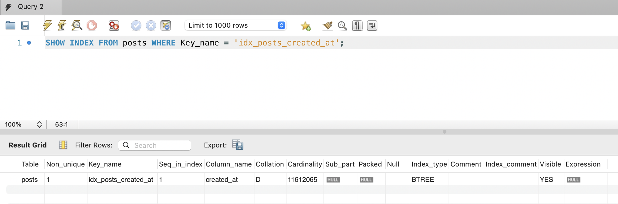 idx_posts_created_at 인덱스 — Collation D(DESC), Cardinality 11,612,065
