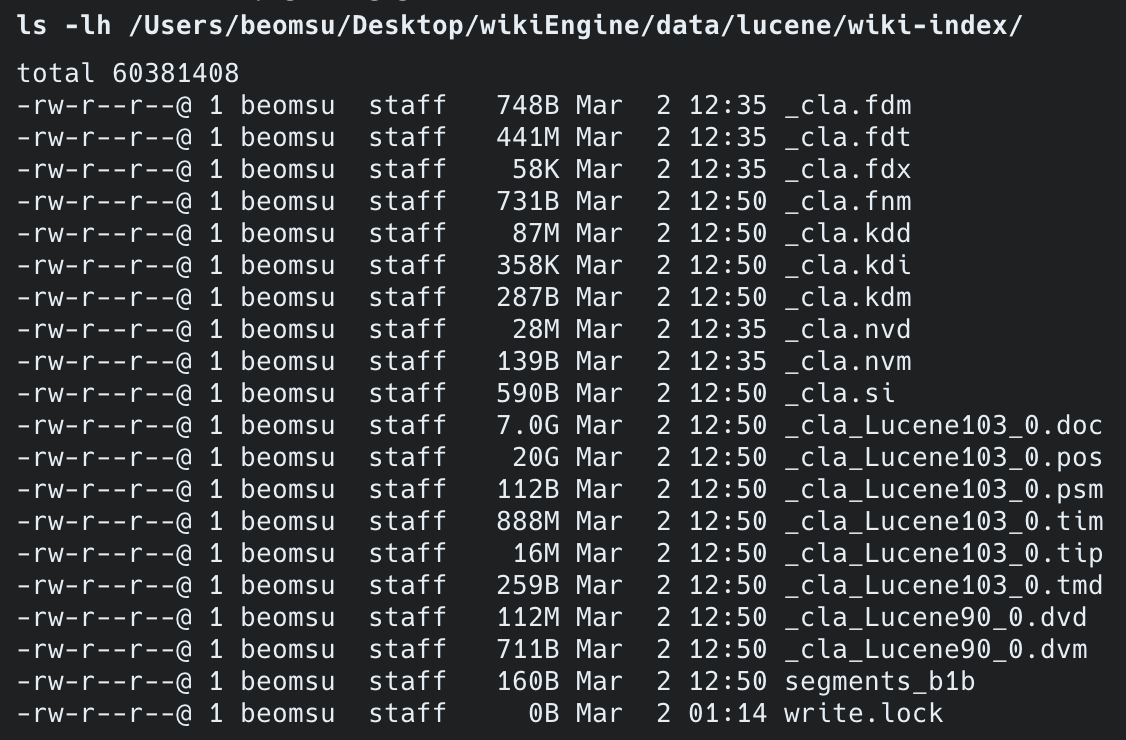 Lucene 인덱스 파일 목록 — 단일 세그먼트(_cla), 29GB