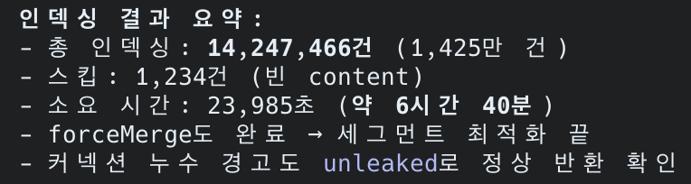 인덱싱 완료 — 14,247,466건, 23,985초, forceMerge 완료
