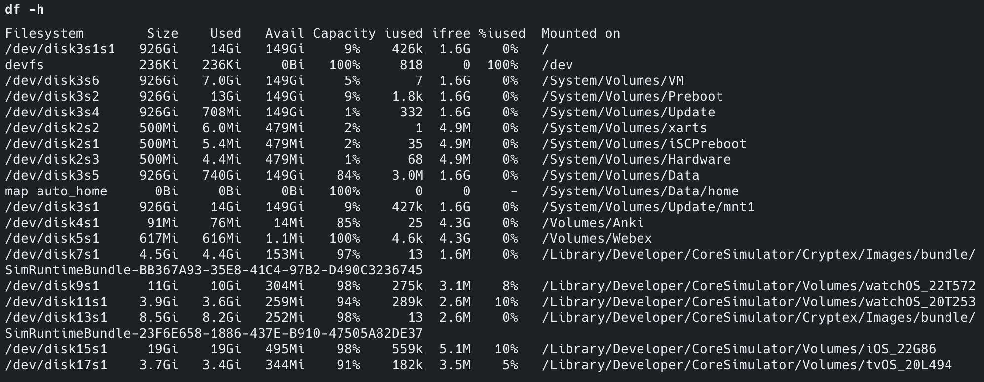 DROP 후 df -h — Used 740Gi, 84% → 18GB 회수