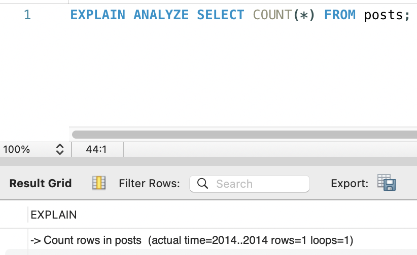 EXPLAIN ANALYZE SELECT COUNT(*) FROM posts — actual time=2014ms