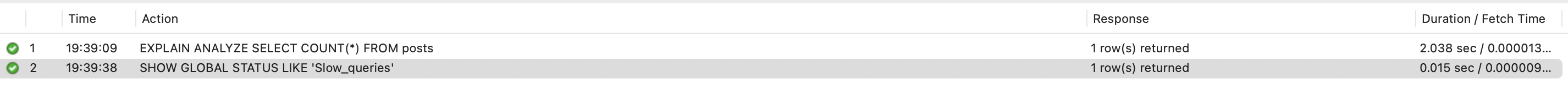 쿼리 실행 Duration — COUNT(*) 2.038초, SHOW GLOBAL STATUS 0.015초