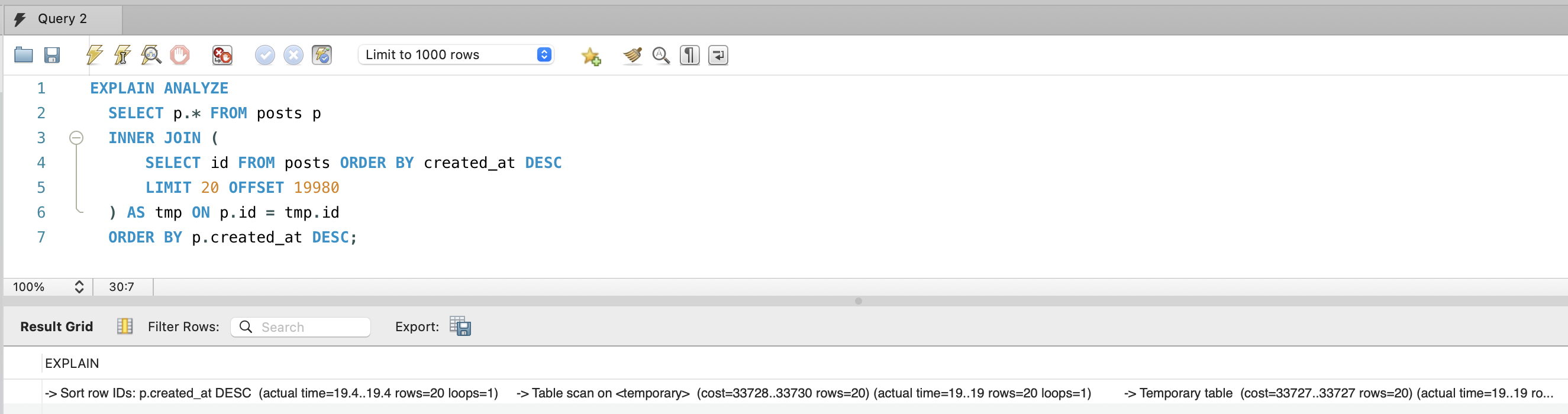 EXPLAIN ANALYZE — Deferred Join + OFFSET 19,980 실행 계획
