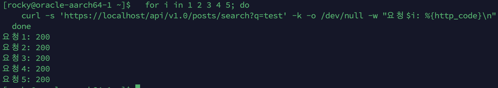 Nginx LB 5회 요청 — 모두 200 OK