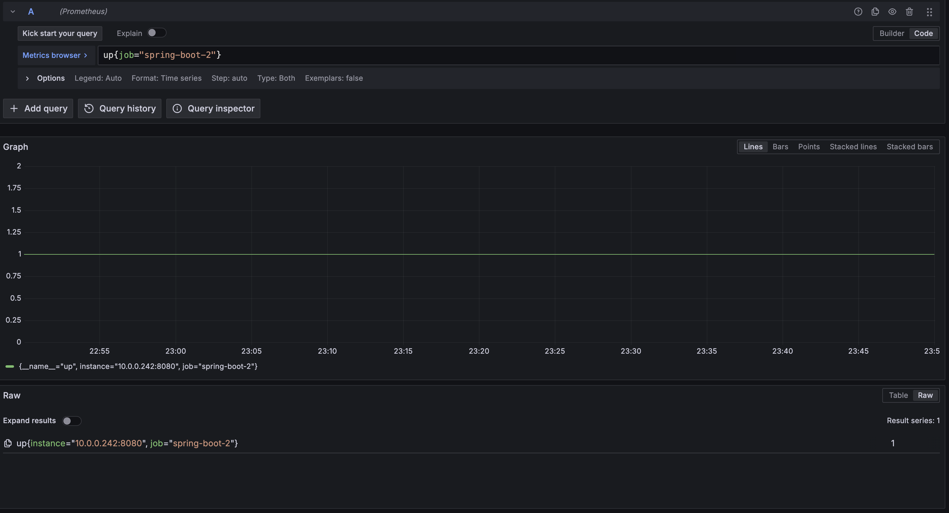 Prometheus App 2 scrape 정상 — up=1