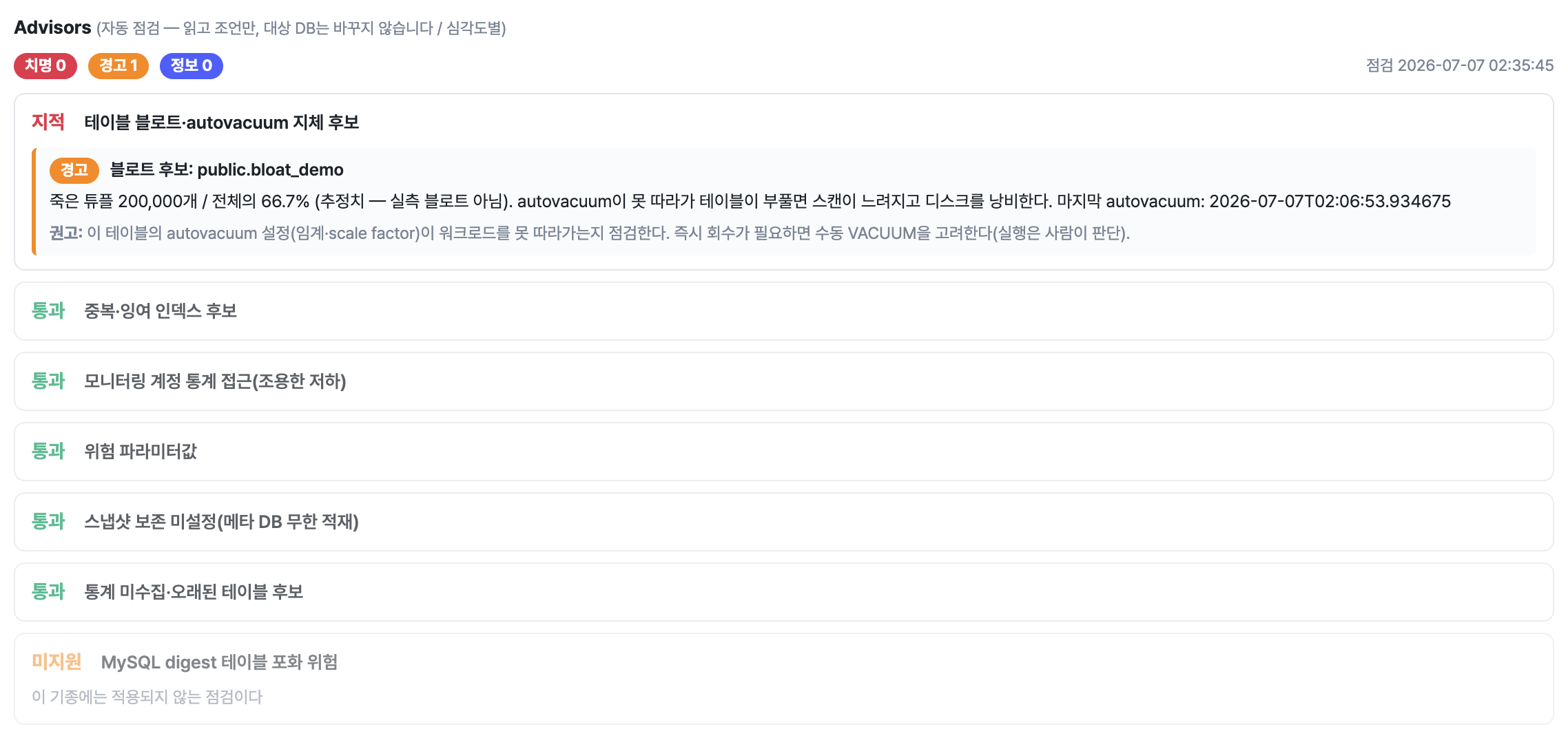 죽은 튜플 비율과 '추정치, 실측 아님' 정직 표기를 보여주는 블로트 Advisor