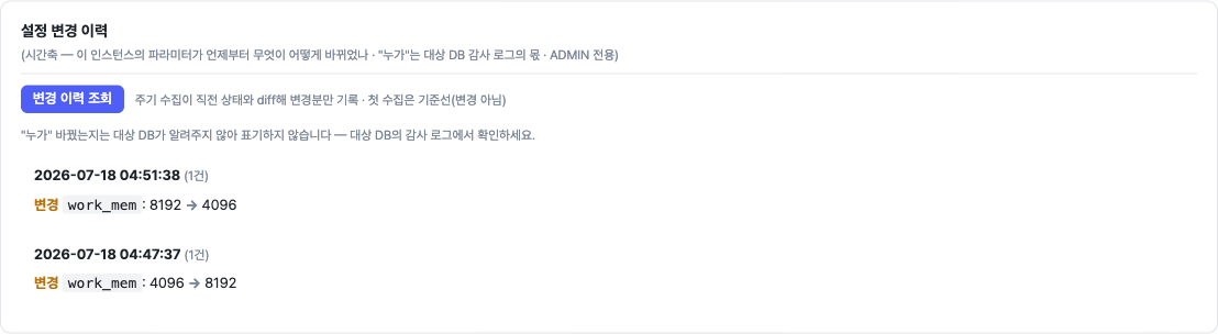 설정 변경 이력. work_mem이 언제 바뀌었는지 시간순으로, "누가"는 대상 DB 감사 로그의 몫이라 미표기