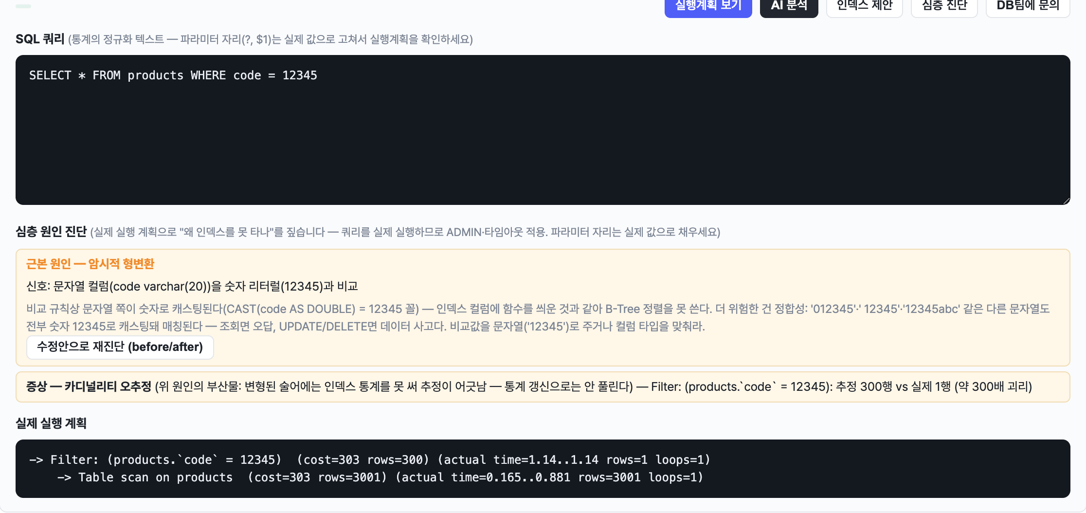 심층 원인 진단. 추정 300행 대 실제 1행, 암시적 형변환 지목과 처방