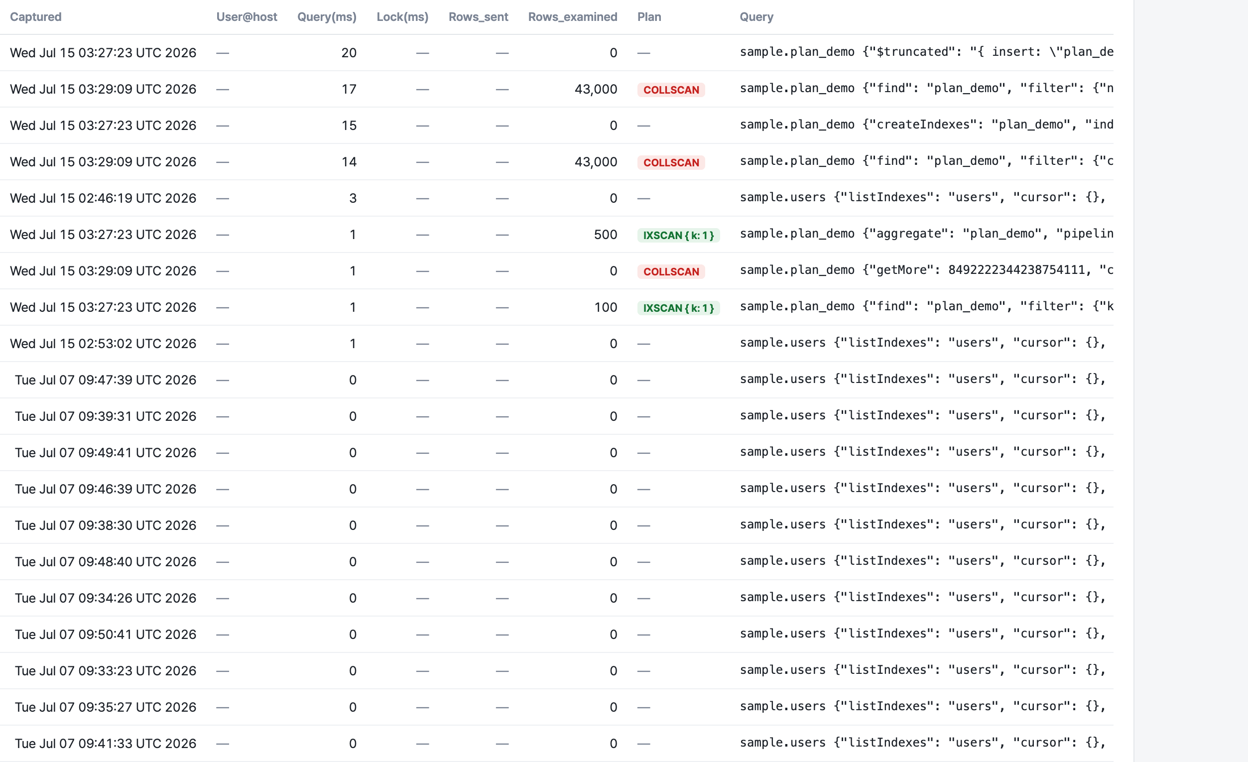 MongoDB 슬로우 쿼리, Plan 컬럼으로 인덱스 사용 여부가 바로 보인다 (COLLSCAN 43,000행 스캔)