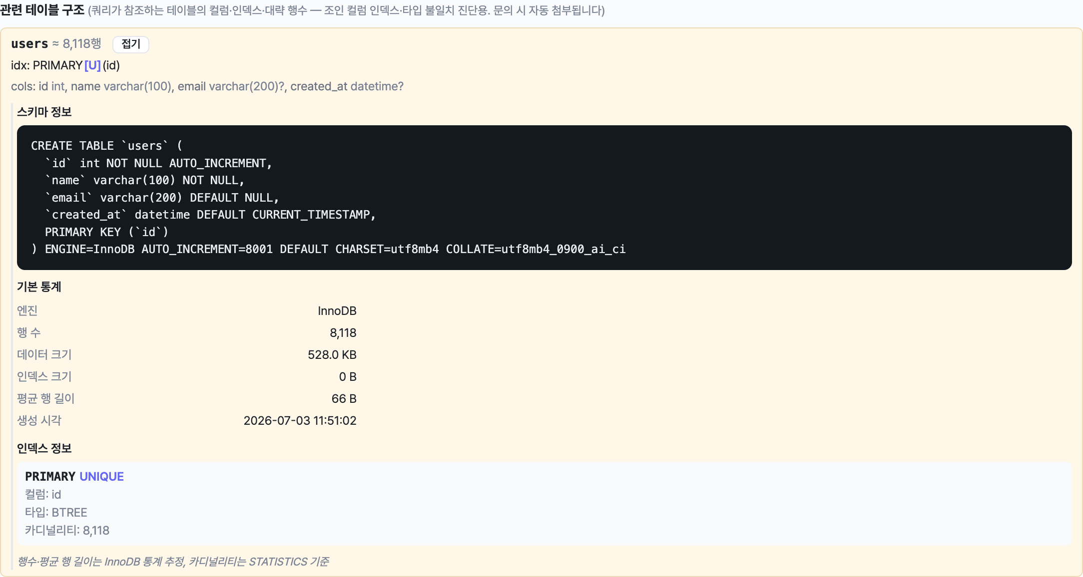 MySQL users 테이블 상세, SHOW CREATE TABLE 원문(NATIVE)과 InnoDB, 카디널리티 8,118